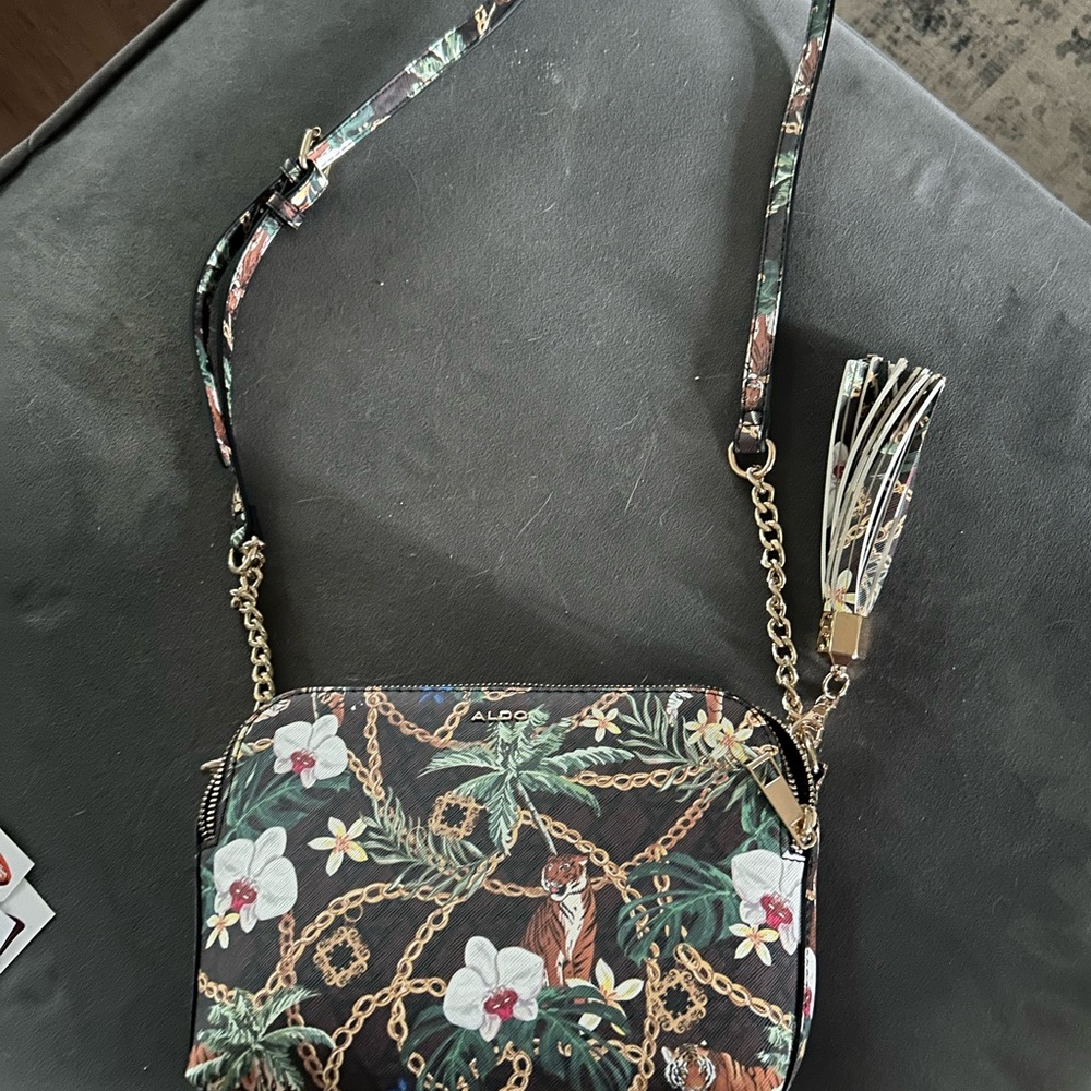 Aldo Black and Green Crossbody Bag with Decorative Tassel